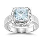 0.09 Ct Diamond & 1.94 Ct 8 mm AA Cush Check Aquamarine Ring in 14KW Gold