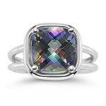 4.65 Cts of 10 mm AA Cushion Checker Board Mystic Green Topaz Solitaire Ring in 14K White Gold