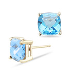 6 mm Cushion Checkered Swiss Blue Topaz Stud Earrings in 14K Yellow Gold 