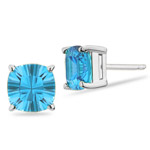 5 mm Cushion Concave Swiss Blue Topaz Stud Earrings in 18K White Gold