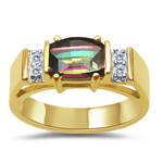 0.06 Cts Diamond & 7x5 mm Barrel-Cut Mystic Topaz Ring in 14K Yellow Gold